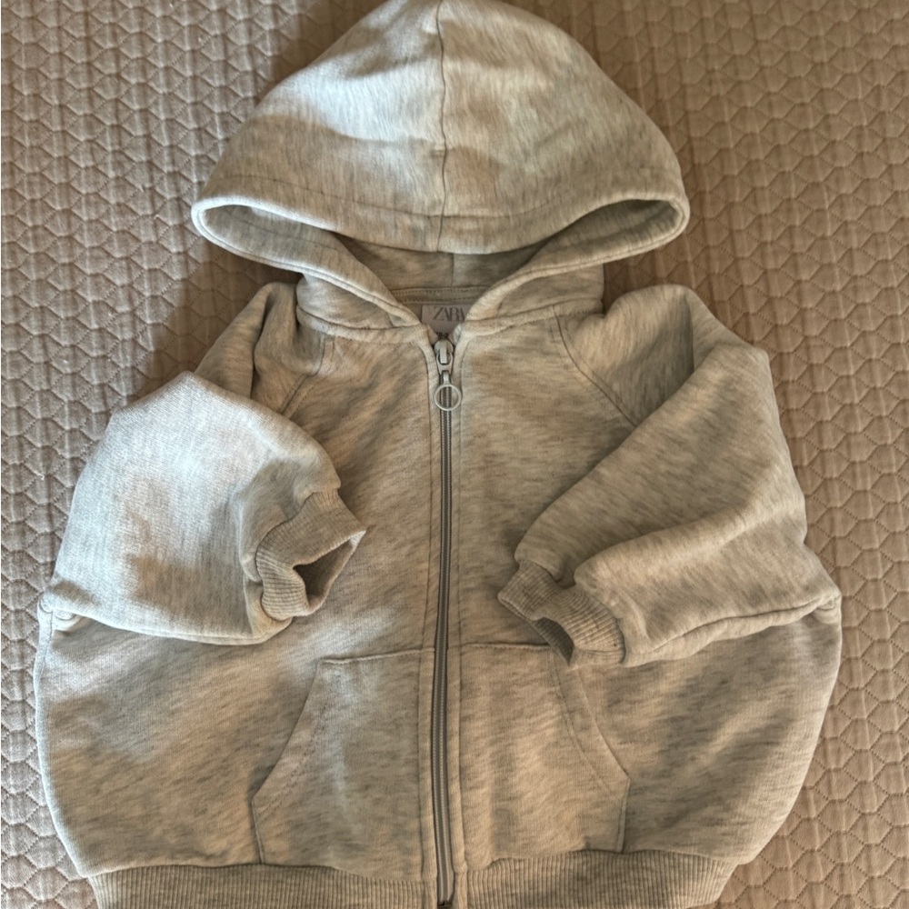 Zara Gray Zip-Up Hoodie with Hood and Long Sleeves